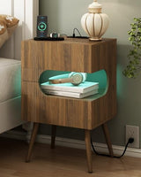 JOONEE Nightstand with Charging Station and LED Lights,Modern Bedside Table with 2 Storage Drawer,Night Stand with Solid Wood Legs,White (Walnut Brown) JOONEE