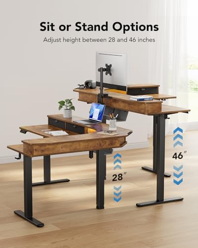 HUANUO 65″ L-Shaped Standing Desk with Power Outlets & LED Strip, Support C-Clamp Mount, Electric Height Adjustable Corner Computer Desk with 3 Drawers, Sit Stand Up Desk with Large Power Strip Holder HUANUO