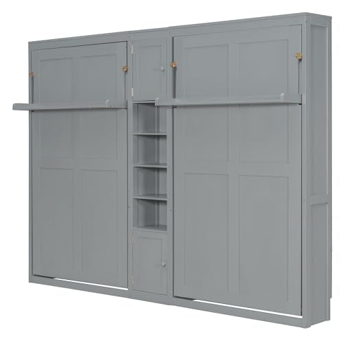 Merax Dual Twin Size Murphy Bed, Twin Wall Beds with Cabinets and Shelves, Gray Merax