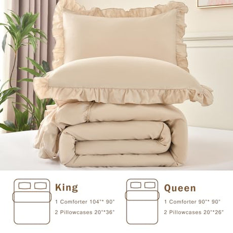 Cupocupa Beige Full Comforter Set, 3Pcs Ruffle Farmhouse Bedding Sets with Comforter & Pillowcases, Soft Shabby Chic Lightweight Fluffy Comforter Set for All Season Bedroom Decor (Beige, F) Cupocupa