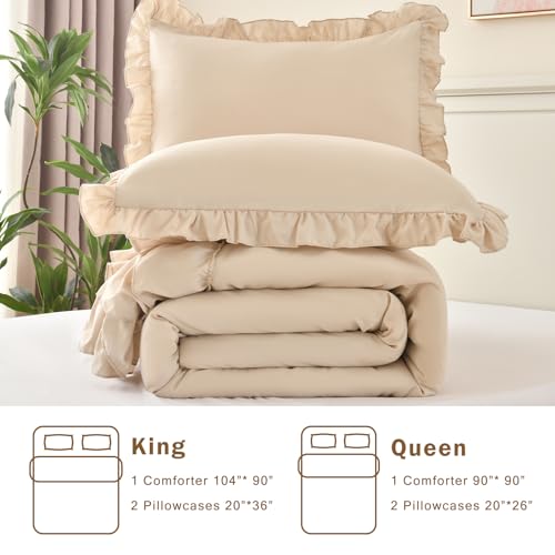 Cupocupa Beige Queen Comforter Set, 3Pcs Comforters Ruffle Farmhouse Bedding Sets Queen with Comforter, Lightweight Soft Shabby Chic Bedding Comforter Set Fluffy for All Season Cupocupa