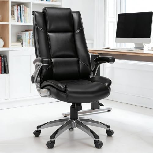 MALOL Leather Executive Office Chair - High Back Home Computer Desk Chair with Padded Flip-up Arms, Adjustable Tilt Lock, Swivel Rolling Ergonomic Chair for Adult Working Study, Black MALOL