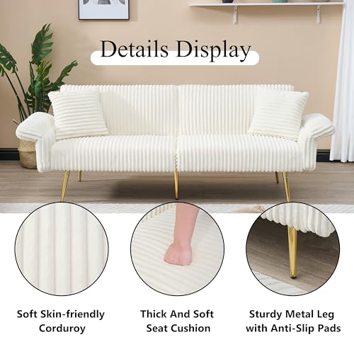 Zentrava White 79" Convertible Futon Sofa Bed with Adjustable Backrest & Armrests, Modern Corduroy Folding Loveseat Sleeper Couches with Two Soft Pillows for Living Room Apartment Office (White) Zentrava