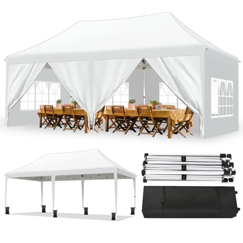 Titwest Canopy 10x20 Pop Up Canopy Tent with 6 Sidewalls and Window, Ez Pop Up Instant Shade Gazebo for Outdoor Events, Party and Patio with Wheeled Bag(10x20FT,White) - WoodArtSupply