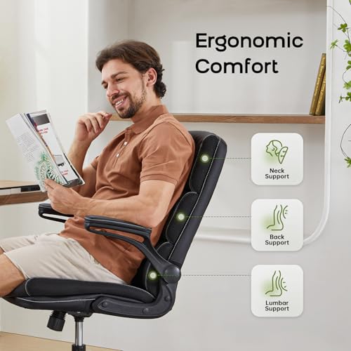 Office Chair Adjustable Desk Chair Mid Back Executive Comfortable Bonded Leather Ergonomic Back Support Home Computer Chair with Padded Flip-up Armrest Swivel Wheels (Black) amseatec