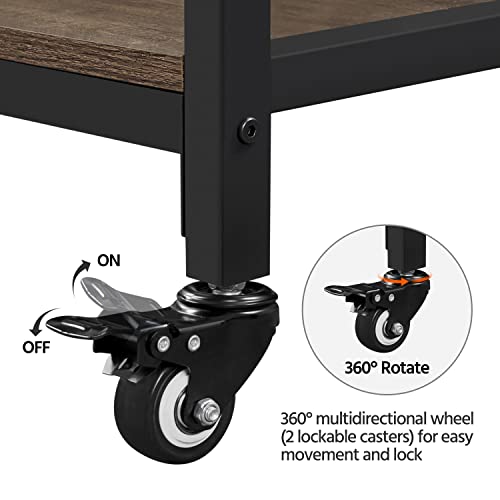 Yaheetech Kitchen Cart with Power Outlet, Rolling Kitchen Island on Wheels with Glass Holder & Hooks, Utility Trolley Cart Coffee Bar Microwave Stand Cart with Lockable Casters, Taupe Wood - WoodArtSupply