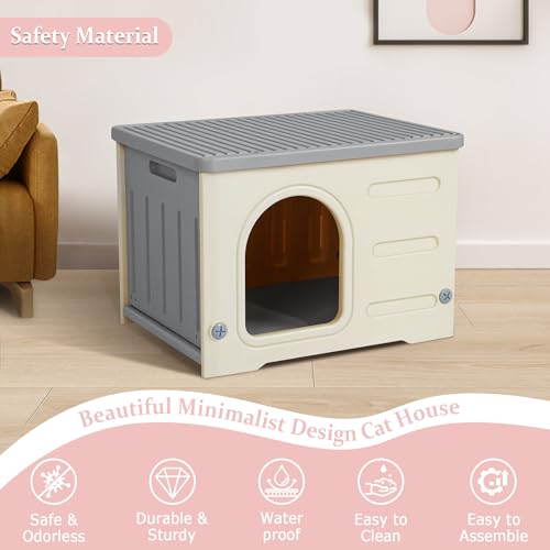 Deblue Weatherproof Cat House for Indoor Outdoor, Durable Outside Cat House for Feral Cats, Unique Cat Shelter for Small Pet, Spacious, Easy to Assemble - Grey Deblue