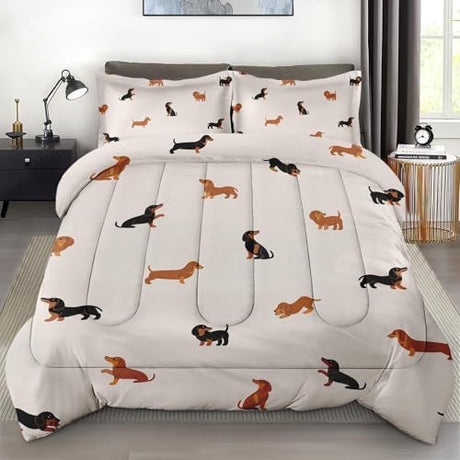 Zzzboro Comforter Set with 2 Pillowcases Queen Size, Cute Happy Dachshund Dog Puppy, Bedding Decor Cartoon Animal Pug Geometric Brown for Kids and Adults, Soft Cozy Bedroom Bed Set Zzzboro