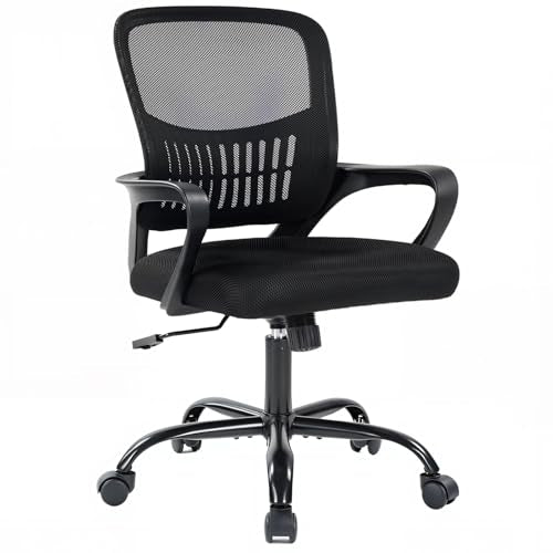 DUMOS Home Office Computer Chair - Ergonomic Mid Back Desk with Lumbar Support and Rocking Mode, Height Adjustable with Fixed Armrest, for Conference Meeting Room, 360° Swivel, Adults, Black DUMOS