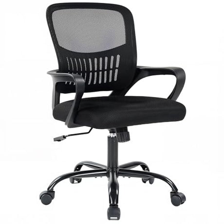 DUMOS Home Office Computer Chair - Ergonomic Mid Back Desk with Lumbar Support and Rocking Mode, Height Adjustable with Fixed Armrest, for Conference Meeting Room, 360° Swivel, Adults, Black DUMOS