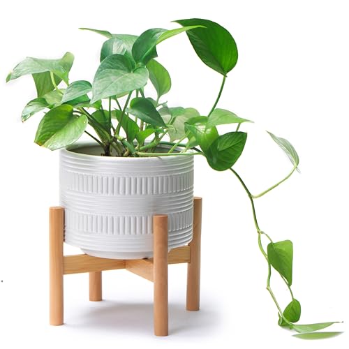 Kurrajong Farmhouse White Plant Pot with Stand | 7.25" Ceramic Planter Pot with Wood Stand for Indoors | Bamboo Plant Stand with Pot. Plant not Included | White Planter Pot is 7.25" Wide x 5.75" high