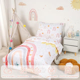 CARUILI Toddler Bedding Set for Girls, 4 Piece Rainbow Toddler Girl Bedding Set, Super Soft & Lightweight Toddler Comforter Set Includes Comforter, Flat Sheet, Fitted Sheet, Pillowcase (Pink) CARUILI