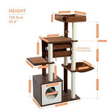 PEQULTI 51.4 Inches Modern Cat Tree Premium 6 Levels Wooden Cat Tower with Fully Sisal Covered Scratching Posts, Cozy Condo, Spacious Perch, Super Large Hammock and Swing Tunnel for Indoor Cats Brown PEQULTI