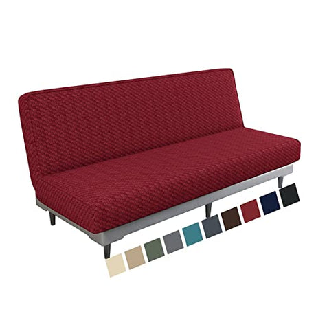 MAXIJIN Jacquard Futon Cover Stretch Armless Futon Sofa Cover Soft Futon Slipcover with Elastic Bottom Thick Sofa Bed Furniture Protector Covers, Machine Washable (Wine Red) MAXIJIN