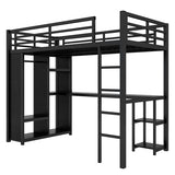Bellemave Metal Twin XL Size Loft Bed with Desk and Wardrobe,Heavy Duty Loft Bed Frame with Storage Shelves for Kids,Teens,Adults, Space Saving,Black Bellemave