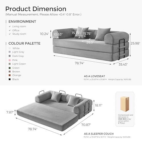 SAVENICA 79" Convertible Floor Sofa Bed, 5-in-1 Modular Sleeper with Removable Parts, No Assembly Corduroy Futon from Sofa to Oversized Bed, Non-Slip Base for Living Room, Dorm (Light Gray) SAVENICA
