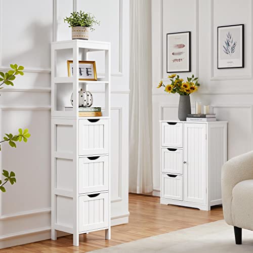 Yaheetech Bathroom Tall Cabinet, Slim Storage Cabinet, Narrow Freestanding Floor Cabinet with 3 Drawers & 2 Shelves, Linen Tower for Small Space, 12" D x 12" W x 56" H, White - WoodArtSupply