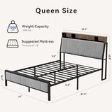 BedsPick Queen Bed Frame with Ergonomic Headboard, Upholstered Metal Platform Bed Queen Size with 2-Tier Storage, Charging Station, Smart LED Lights, Easy Assembly, No Box Spring Needed, Gray BedsPick