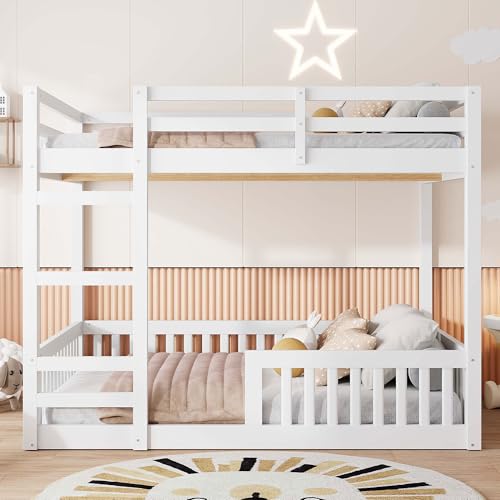 Bellemave Full Over Full Bunk Bed with Ladders Wood Bunk Beds with Full-Length Guardrails Floor Bunk Bed Frame for Kids, Boys, Girls, No Spring Box Needed, Pure White Bellemave