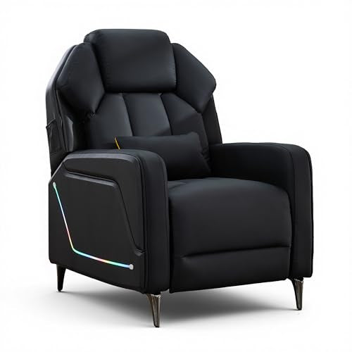 URRED Gaming Recliner Chair with LED Lights, Ergonomic Video Game Reclining Chair with Footrest, Lumbar Pillow, Side Pocket, Home Theater Recliner for Living Room, Bedroom, Gaming Room (Black)