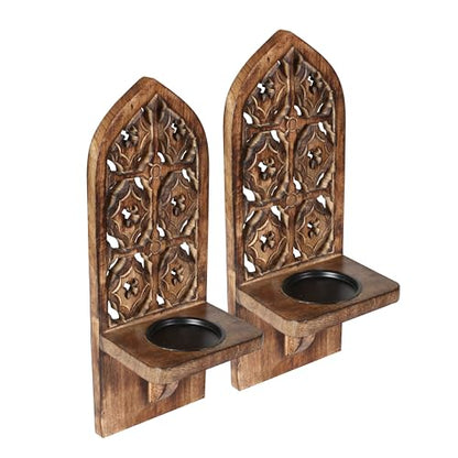 Wall Mounte Candle Sconces Set of 2, Decorative Wooden Candle Holder, Hand Carverd Farmhouse Candle Sconce, Perfect for Living Room Bedroom Bedroom Kitchen Wall Decoration - 16 Inch - Burnt N - WoodArtSupply