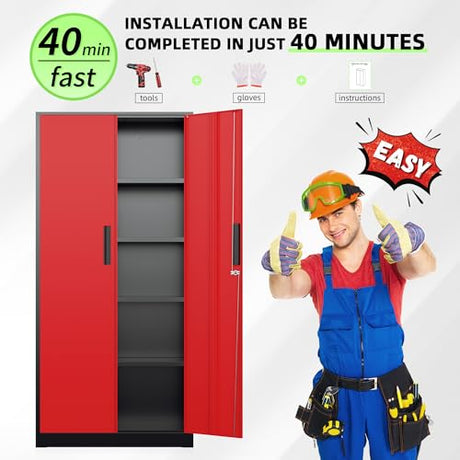 Bonusall 72" Metal Garage Storage Cabinet - 900lbs Heavy Duty Steel Cabinet with 3-Point Locking System & 4 Adjustable Shelves, Lockable Tall Storage for Garage, Office, Warehouse - Black & Red Bonusall