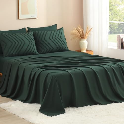 Litanika Comforters Queen Size Set with Sheets Dark Emerald Green - 7 Pieces Bed in a Bag Queen Chevron Tufted Complete Beddding Sets with Comforter, Sheets, Pillowcases & Shams