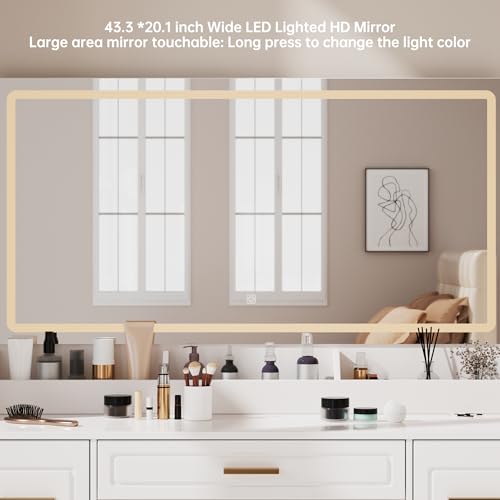 Homesflex Vanity Desk with Mirror and LED Lights, 43'' W Makeup Vanity Desk with Power Outlet, 3 Color Modes, 7 Drawers Vanity Table with Chair, Dressing Table for Bedroom, Dressing Room (White) Homesflex