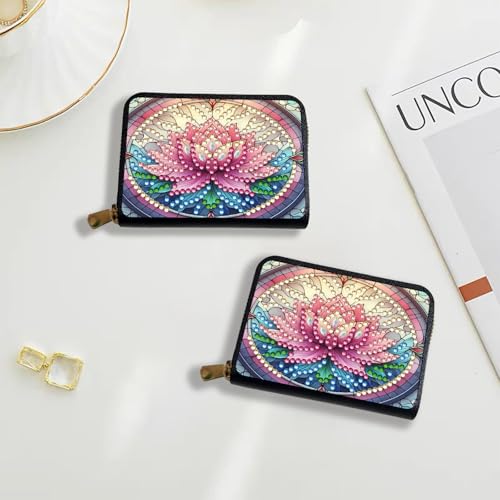 Credit Card Holder, DIY Diamond Art Painting Zipper Credit Cards Wallet for Women Accordion Card Cases Holder KeyChain Wallet-Pink Flower WoodArtSupply