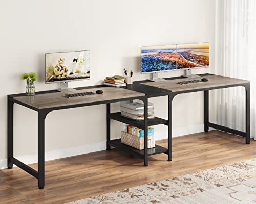 Tribesigns 90.55'' 2 Person Desk with Storage Shelves, Double Computer Desk with Spacious Desktop, Extra Long Study Writing Table Workstation for Home Office (Black & Gray) - WoodArtSupply