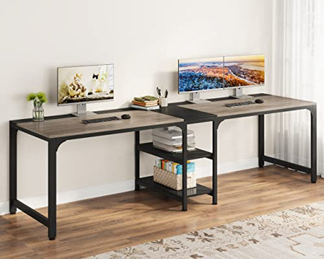 Tribesigns 90.55'' 2 Person Desk with Storage Shelves, Double Computer Desk with Spacious Desktop, Extra Long Study Writing Table Workstation for Home Office (Black & Gray) Tribesigns