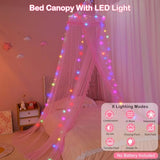 Unicorn Castle Bed Canopy for Girls with Remote Timer Breathable Canopy Bed Curtains with 8 Modes LED Lights Net Canopy for Bed for Girls Room Decor,Pink