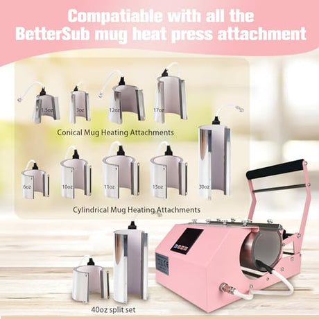BetterSub 3in1 40 OZ Tumbler Mug Heat Press Machine 30 OZ 20 OZ 16 OZ Sublimation Straight Skinny Tumbler Mug,11 OZ 15 OZ 16 OZ Sublimation Mug Heat Transfer Pink BetterSub