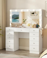Otterease White Makeup Vanity, 11 Drawers Vanity with Mirror and 12 LED Lights, Makeup Vanity Desk with 3 Lighting Modes Adjustable Brightness, Vanity with Glass Top for Bedroom Otterease