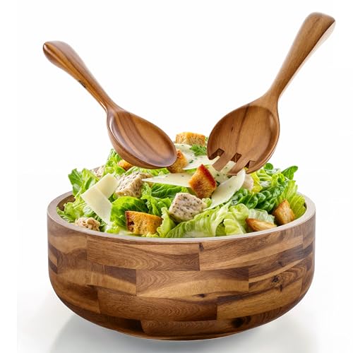 Tidita 12" Salad Bowl Set with 2 Wooden Hands - Large Acacia Wood Serving Bowl with Serving Utensils - Big Mixing Bowl for Fruits, Salad,Pasta for Kitchen Counter (12" Diameter x 4.5" Height) - WoodArtSupply