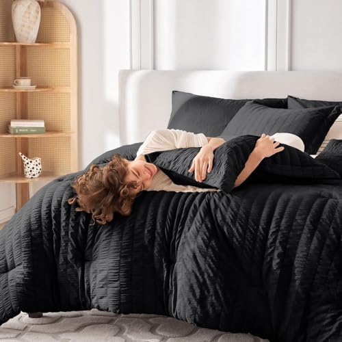 MUXHOMO 7 Pieces Queen Comforter Set, Seersucker Bed in a Bag Queen Size, All Season Luxury Bedding Set with Comforter, Flat Sheet, Fitted Sheet, Pillowcases & Shams, Black MUXHOMO