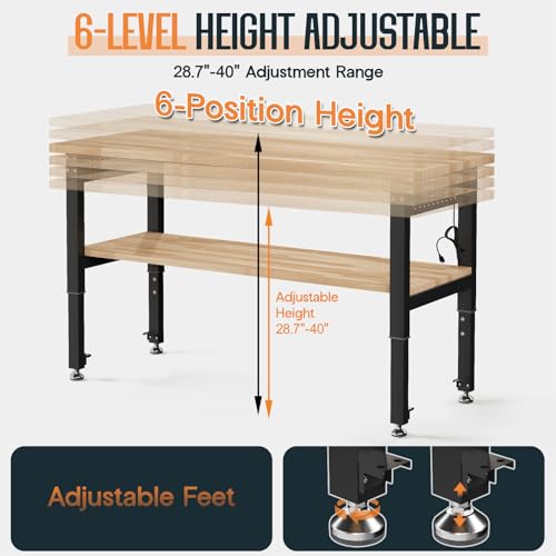 SPECRAFT 48"x20" 2-Tier Adjustable Workbench with 4 AC Outlet and 2 USB Ports Power Outlets, 2500 Lbs Capacity Heavy Duty Workbench, Rubber Wood Top for Garage, Workshop, Office SPECRAFT