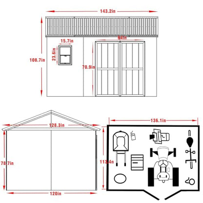 MUPATER 10 ft x 12 ft Outdoor Wood Shed with Metal Roof, Lean-to Storage shed Garden Furniture Tools with Lockable Door and Vents for Garden, Patio - WoodArtSupply