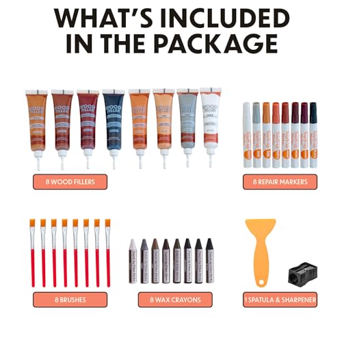 MeasuPro 34-Piece Furniture Repair Kit - Resin Wood Filler, Brushes, Markers & Scraper - Perfect for Stains, Scratches on Floors, Tables, Desks, MeasuPro