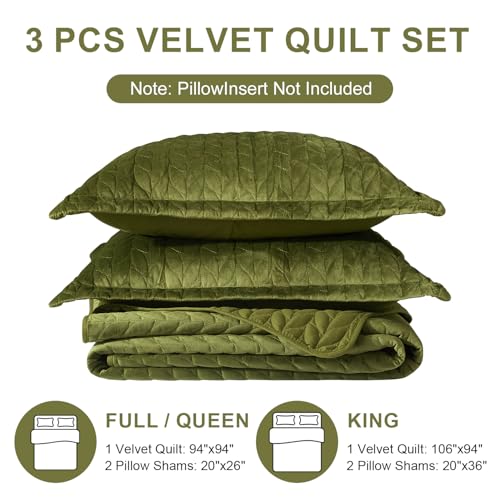 Ivellow Velvet Quilt Queen Size Green Lightweight Velvet Comforter Set Oversized Bedspread Coverlet Full for All Season 3Pcs Luxury Quilted Bedding Ivellow