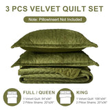 Ivellow Velvet Quilt Queen Size Green Lightweight Velvet Comforter Set Oversized Bedspread Coverlet Full for All Season 3Pcs Luxury Quilted Bedding Ivellow