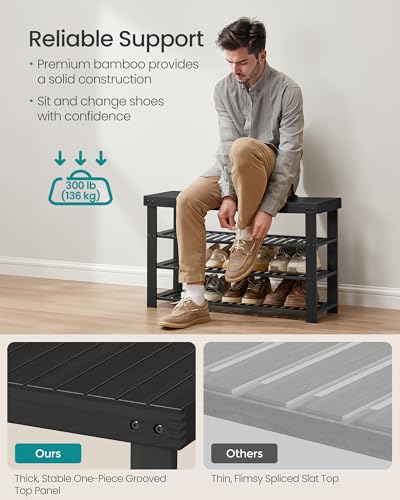 SONGMICS Shoe Rack Bench, 4 Tier Bamboo Shoe Storage Organizer, Entryway Bench, for Living Room, Bathroom, Bedroom, 11.3 x 35.2 x 20.5 Inches, Ink Black ULBS390BH01 SONGMICS