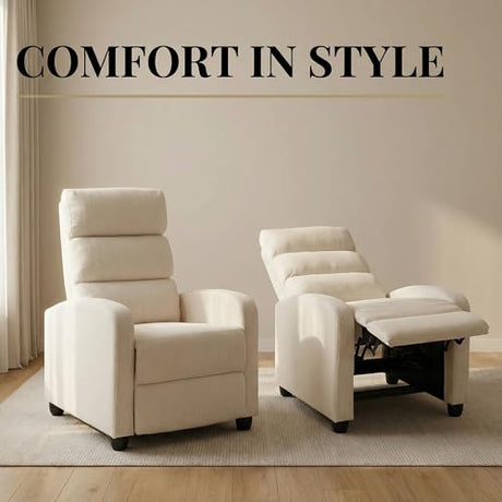Furnimart Small Manual Recliner Chair for Small Spaces, Overstuffed Chenille Reclining Chair with Chunky Cushion, Comfortable Single Sofa Recliner for Adults, Living Room, Bedroom, Home Theater, Beige Furnimart