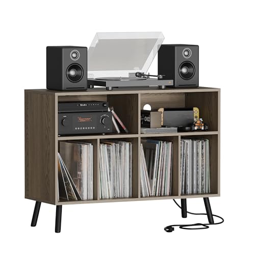 Cozy Castle Record Player Stand with Vinyl Storage Cabinet, Wood Turntable Table Open Shelf Holder Up to 350 Albums Cube Storage Organizer for Living Room, Office, Gray Cozy Castle