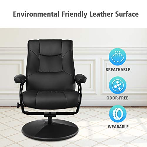 WATERJOY Swivel Recliner Chair, PU Leather Lounge Armchair Recliner, 360 Degree Swivel Overstuffed Padded Seat Chair with Footrest Stool Ottoman Set for Office Living Room Black