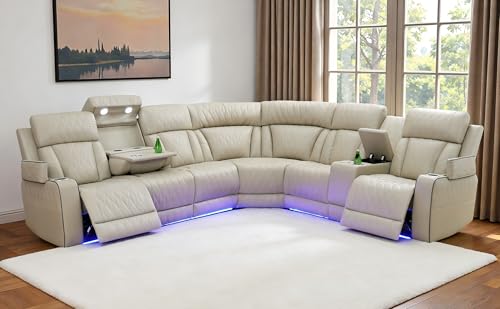 Nervlox Power Reclining Sectional Sofa, L-Shaped Living Room Furniture Set, Light Brown Leather Recliner Sofa, Reclining Sectional Couch with LED/Storage Console/Cup Holder/USB/Type C for Office/Home