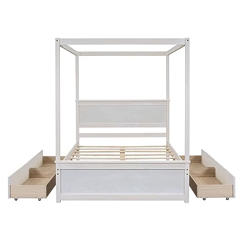 RORIGAT Wood Canopy Bed with 4 Storage Drawers, Full Size Canopy Platform Bed with Support Slats, 4-Post Wood Platform Bed with Headboard,for Kids Teens Adult, No Box Spring Needed,Brushed White