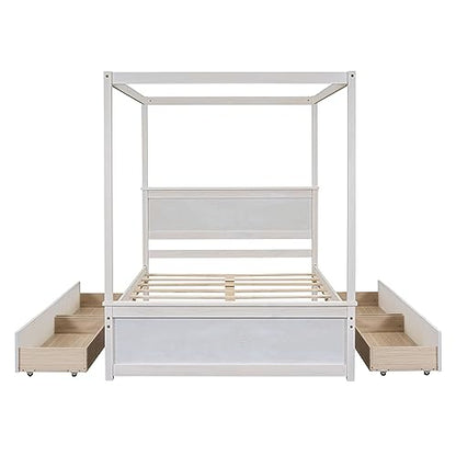 RORIGAT Wood Canopy Bed with 4 Storage Drawers, Full Size Canopy Platform Bed with Support Slats, 4-Post Wood Platform Bed with Headboard,for Kids Teens Adult, No Box Spring Needed,Brushed White