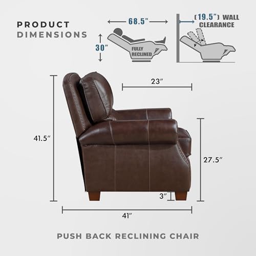 Lexicon Push Back Reclining Chair, Top Grain Leather Match Push Back Recliner Chair with Nailhead Trim, Rolled Arms, Solid Wood Legs, for Living Room/Apartment/Office, Easy Assembly, Brown