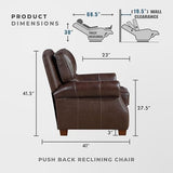 Lexicon Push Back Reclining Chair, Top Grain Leather Match Push Back Recliner Chair with Nailhead Trim, Rolled Arms, Solid Wood Legs, for Living Room/Apartment/Office, Easy Assembly, Brown